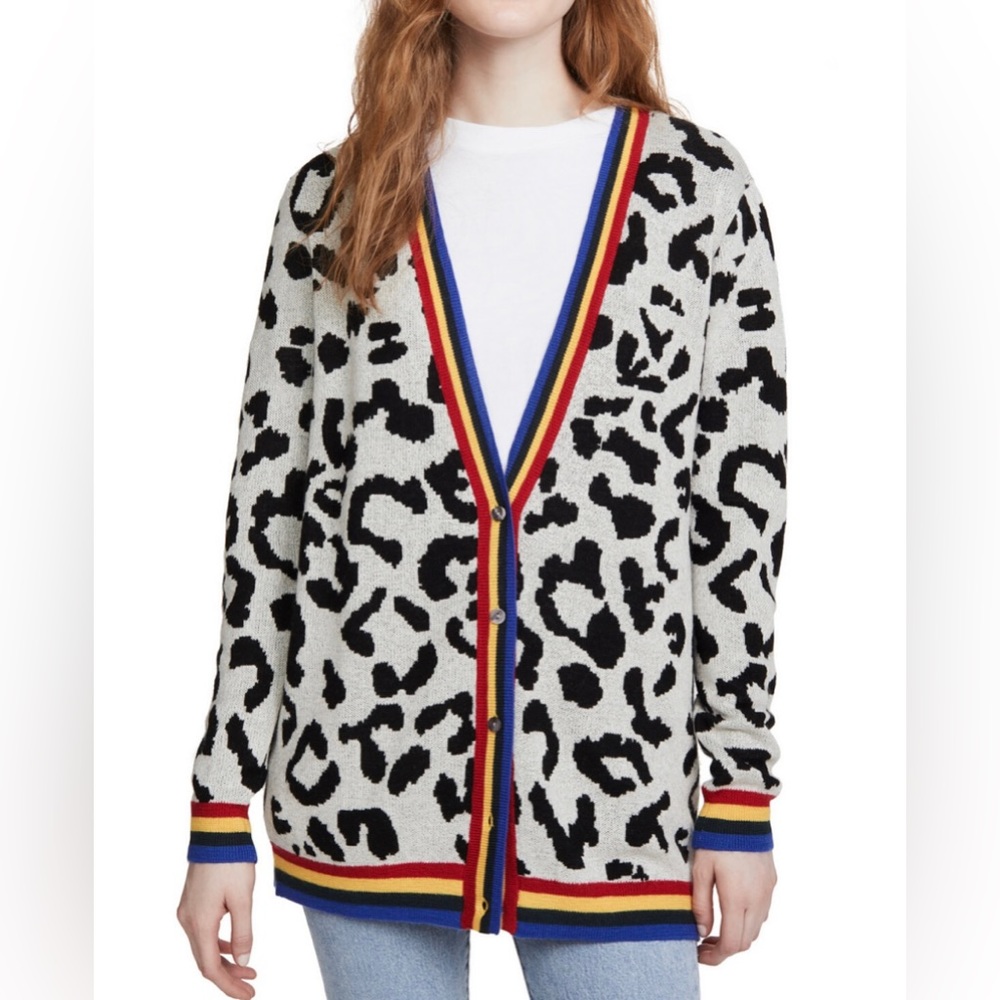 Madeleine Thompson Belle Leopard Rainbow Striped Cardigan Sweater SZ S $486